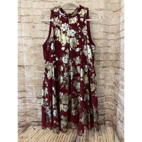 Robbie Bee Dress Womens 6 Kaftan Tent Maroon & Gold Floral Shimmer Halter Lined - Picture 1 of 15